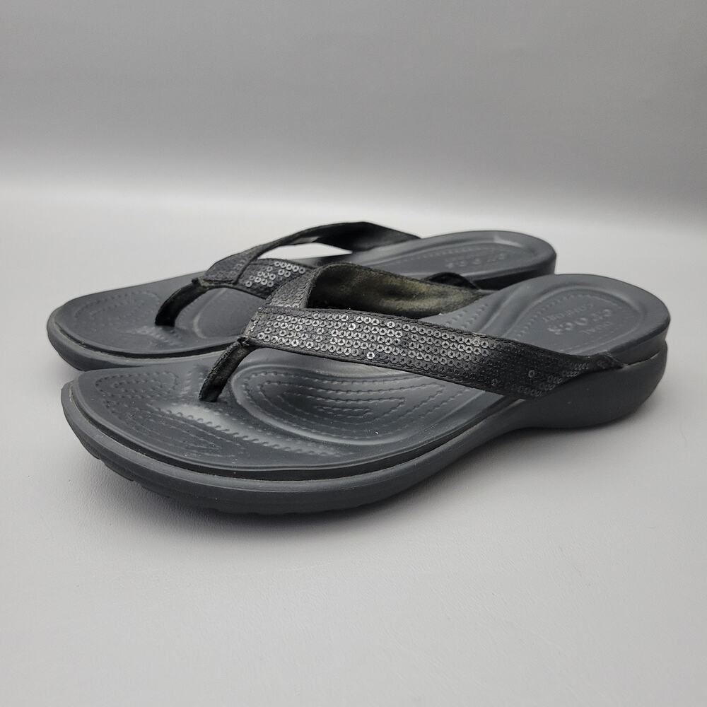 Crocs Womens Capri V Sequin Flip Flops Sz 10 Black Dual Comfort Sandals